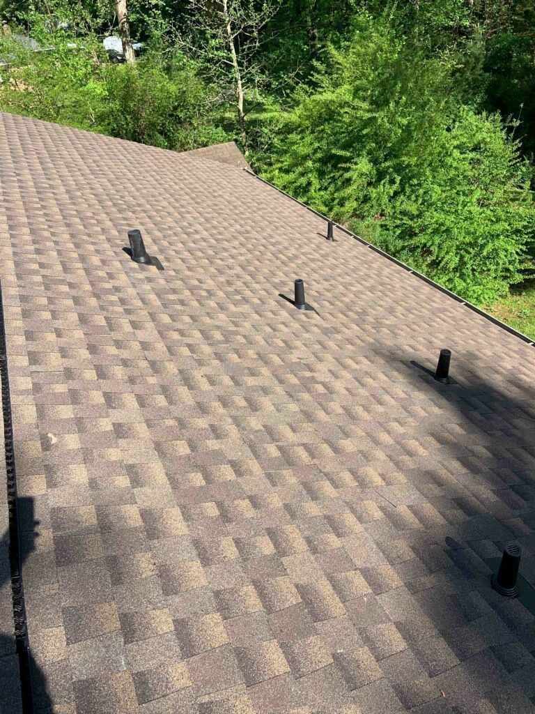 A close up of a roof with trees in the background.