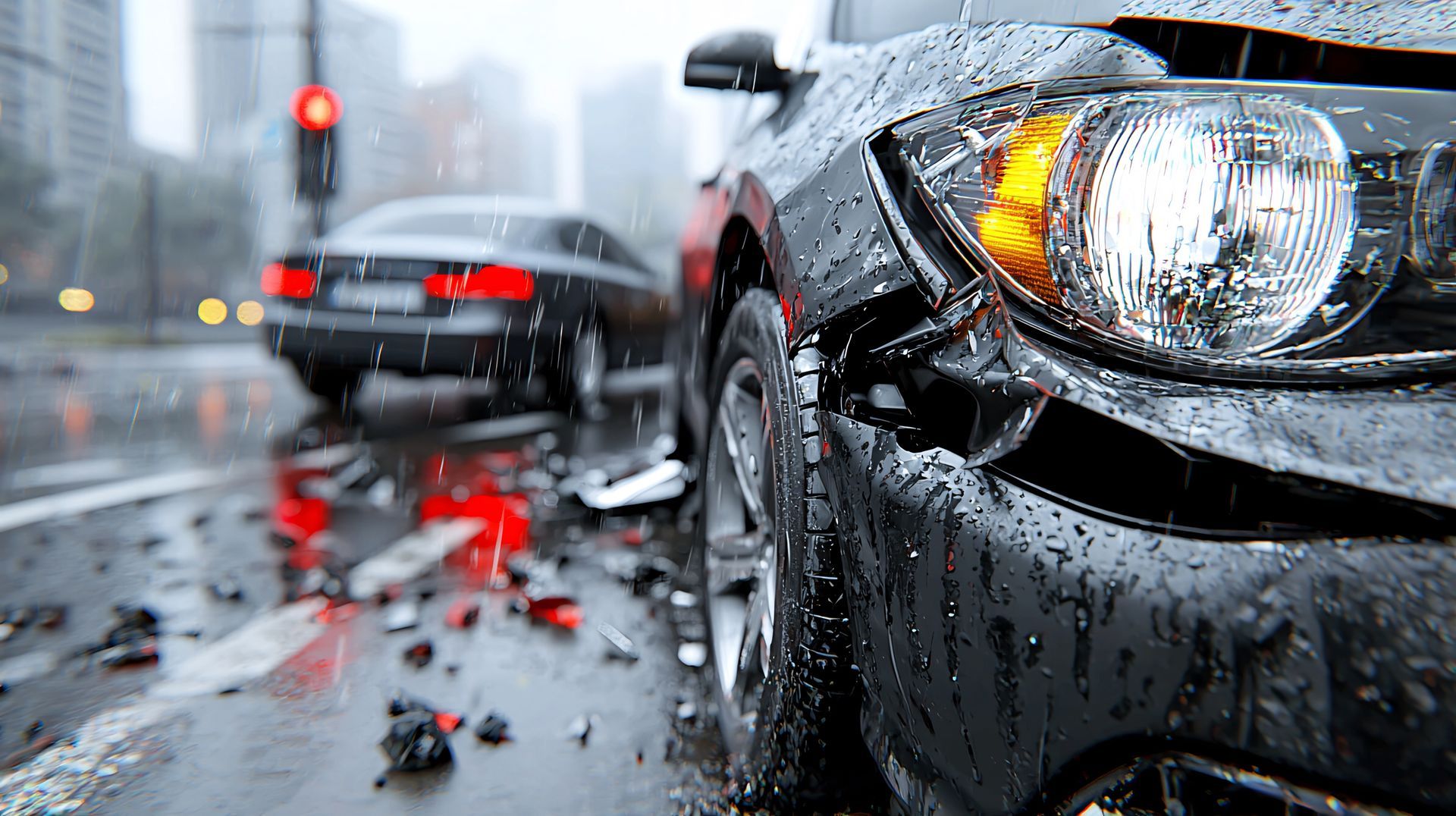 Car accident on a wet city street; damaged black car in foreground, another car and traffic light in background.