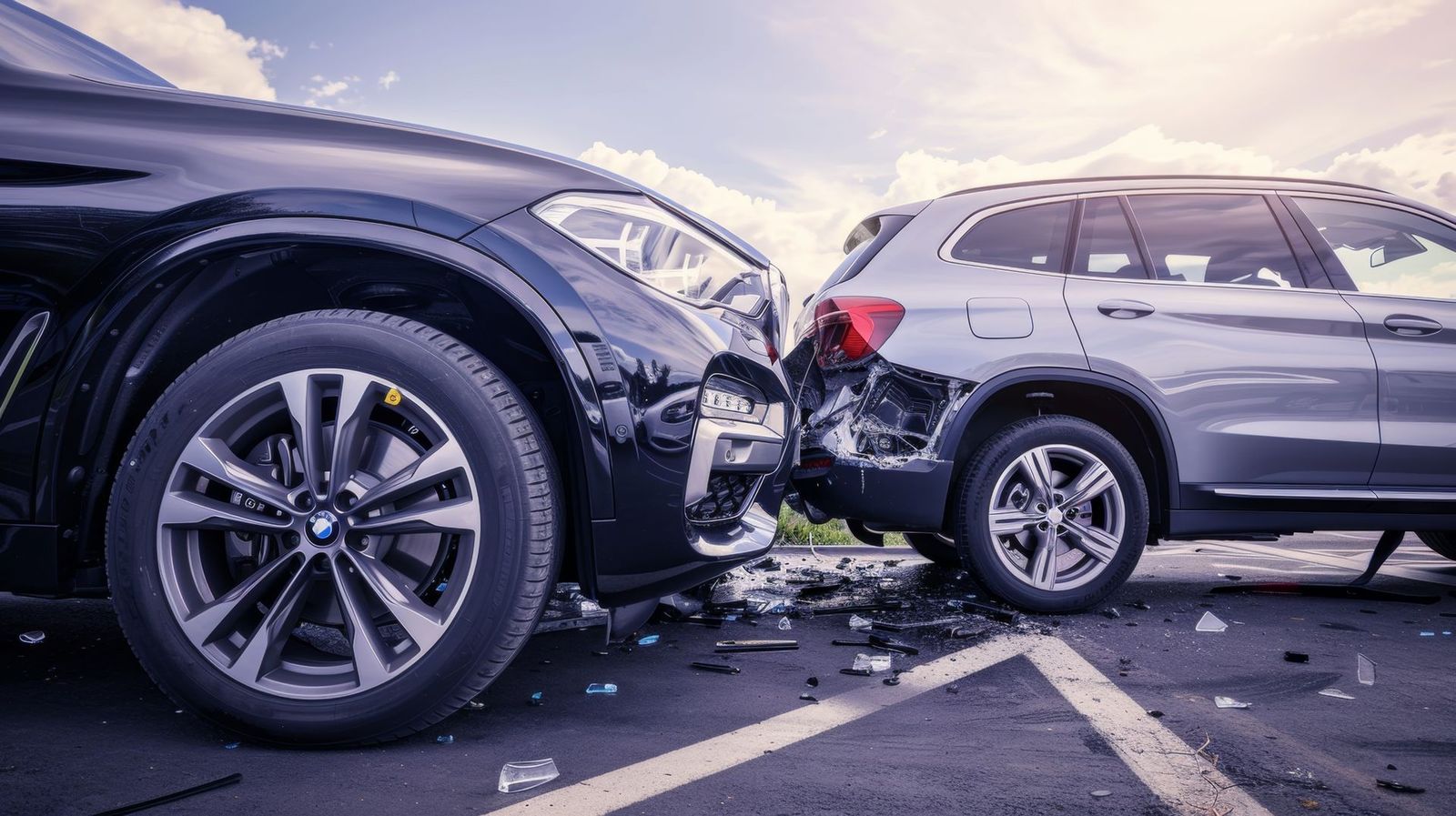 Two SUVs involved in a car accident; front of black car touches rear of silver car, with debris on ground.