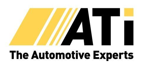 Logo of ATI: Yellow and black angled stripes and 
