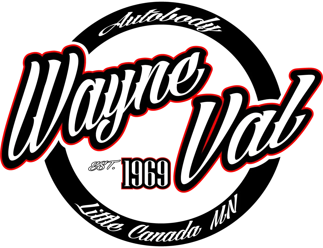 Wayne Val Autobody logo, black and red, circular with 