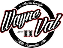 Wayne Val Autobody logo, black and red, circular with 