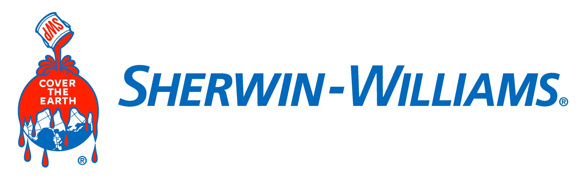 Sherwin-Williams logo: paint can pouring red and blue paint over the Earth, with the brand name in blue.
