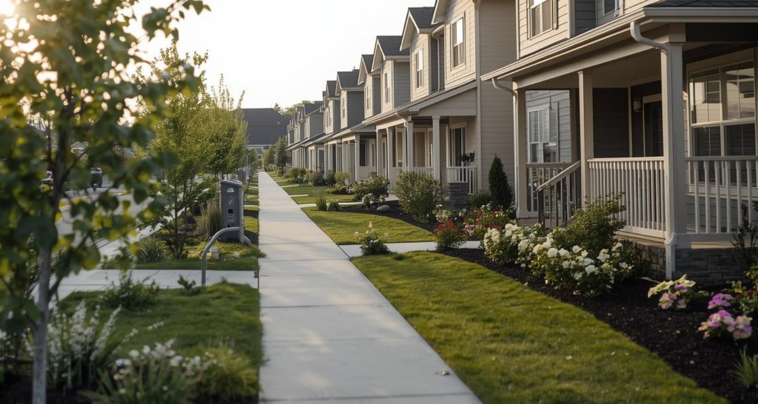 A row of tan townhouses with front porches, green lawns, and a concrete sidewalk stretching into the distance at sunset.