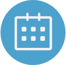 A white calendar icon centered on a blue circular background.