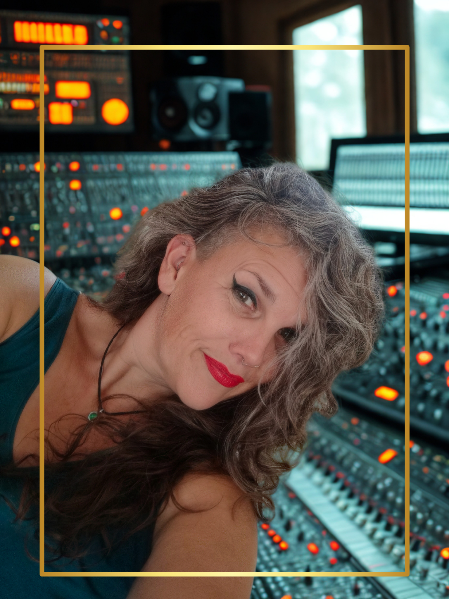 I am Charlotte Close-up portrait of Jennette Roozeboom with long dark wavy hair, wearing a small nose ring, looking directly at the camera.