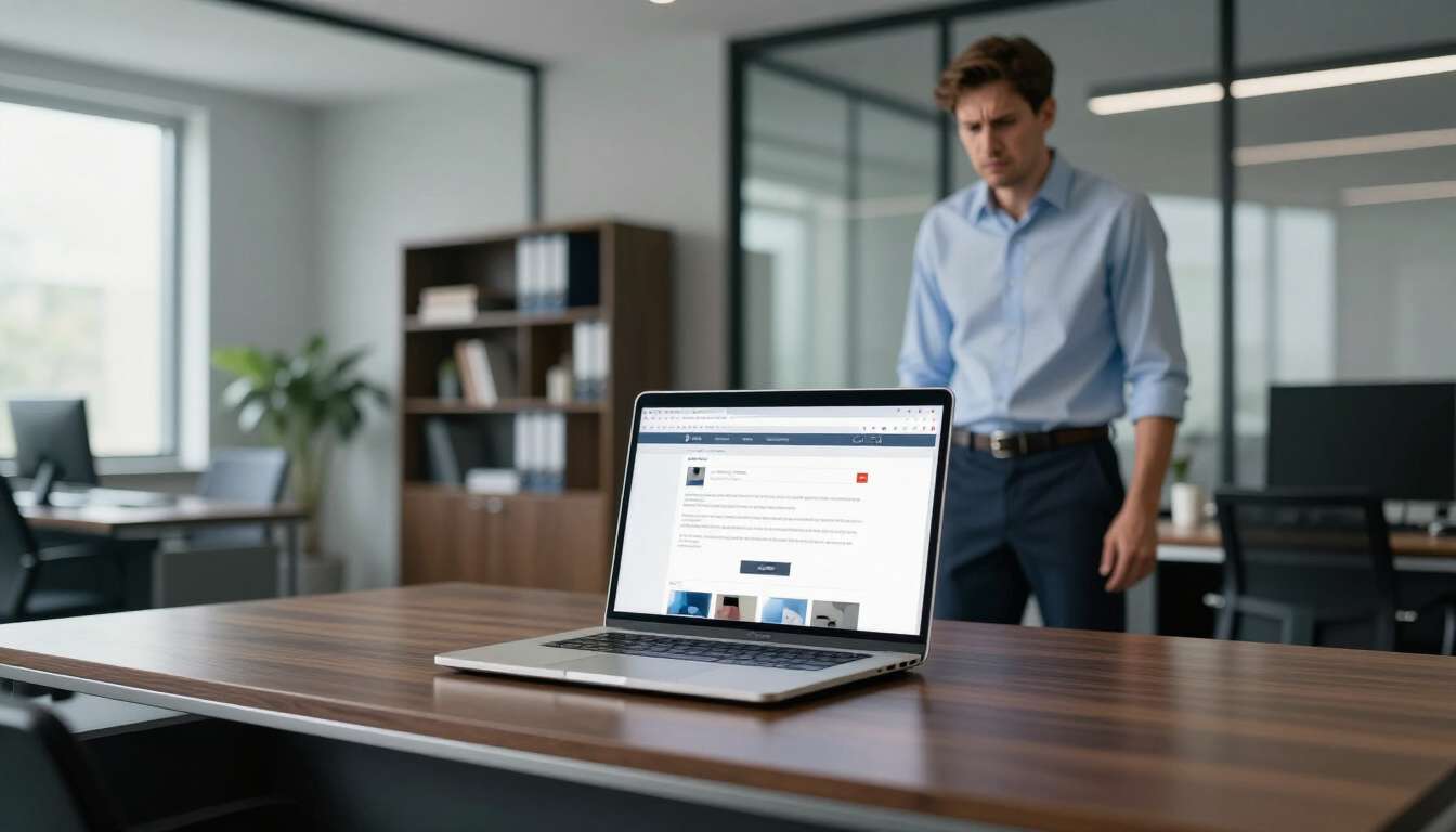 Frustrated business owner looking at a poorly designed website on a laptop.