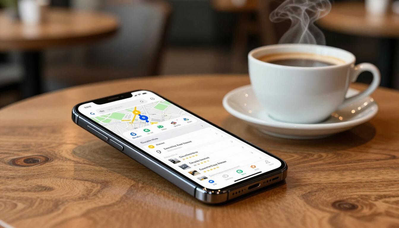 Local SEO search results on a smartphone screen in a cafe setting