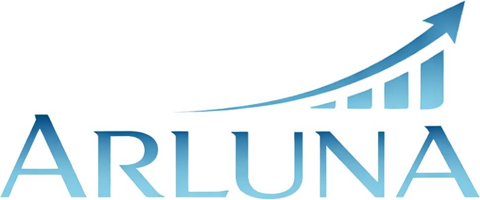 Arluna logo in blue with upward bar chart and arrow