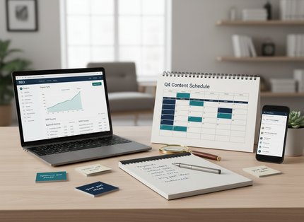 Laptop and calendar on a desk showing a Q1 office schedule, with phone and notebook nearby