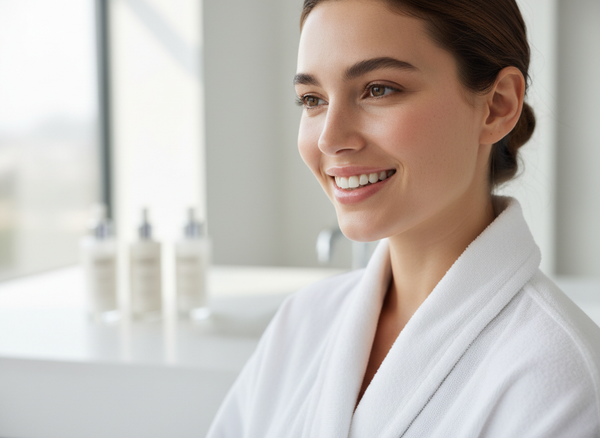 Smiling woman in a white robe in a bright spa or bathroom setting
