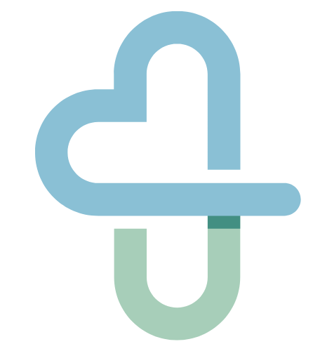 A blue and green cross with a heart in the middle.