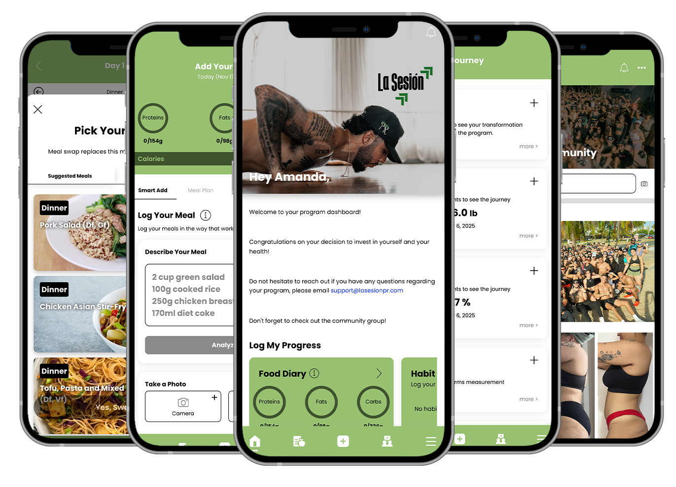 Muscular man holding weight, with a phone showing a fitness app and food images. JUNIOR WORKOUT