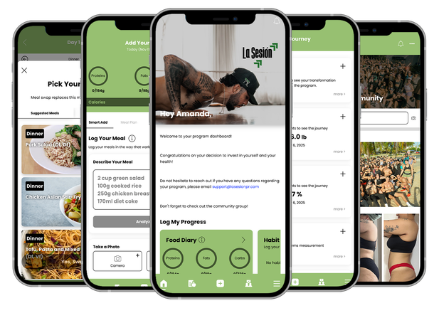 Muscular man holding weight, with a phone showing a fitness app and food images. JUNIOR WORKOUT