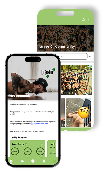 Two smartphones displaying fitness app interface. One shows a man doing pushups, the other features user-generated content. Green accent colors. Diego Ramirez, La Sesión