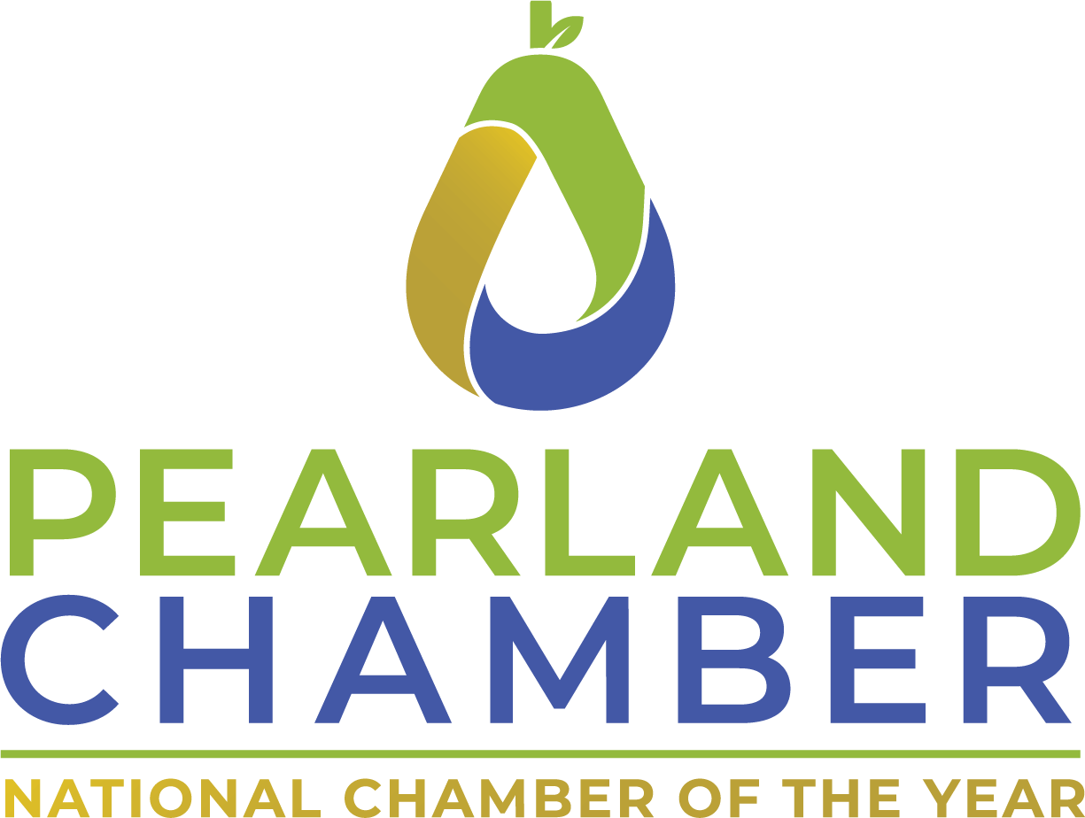 Pearland Chamber logo with a green and blue pear-shaped design, and text "PEARLAND CHAMBER" in green and blue.