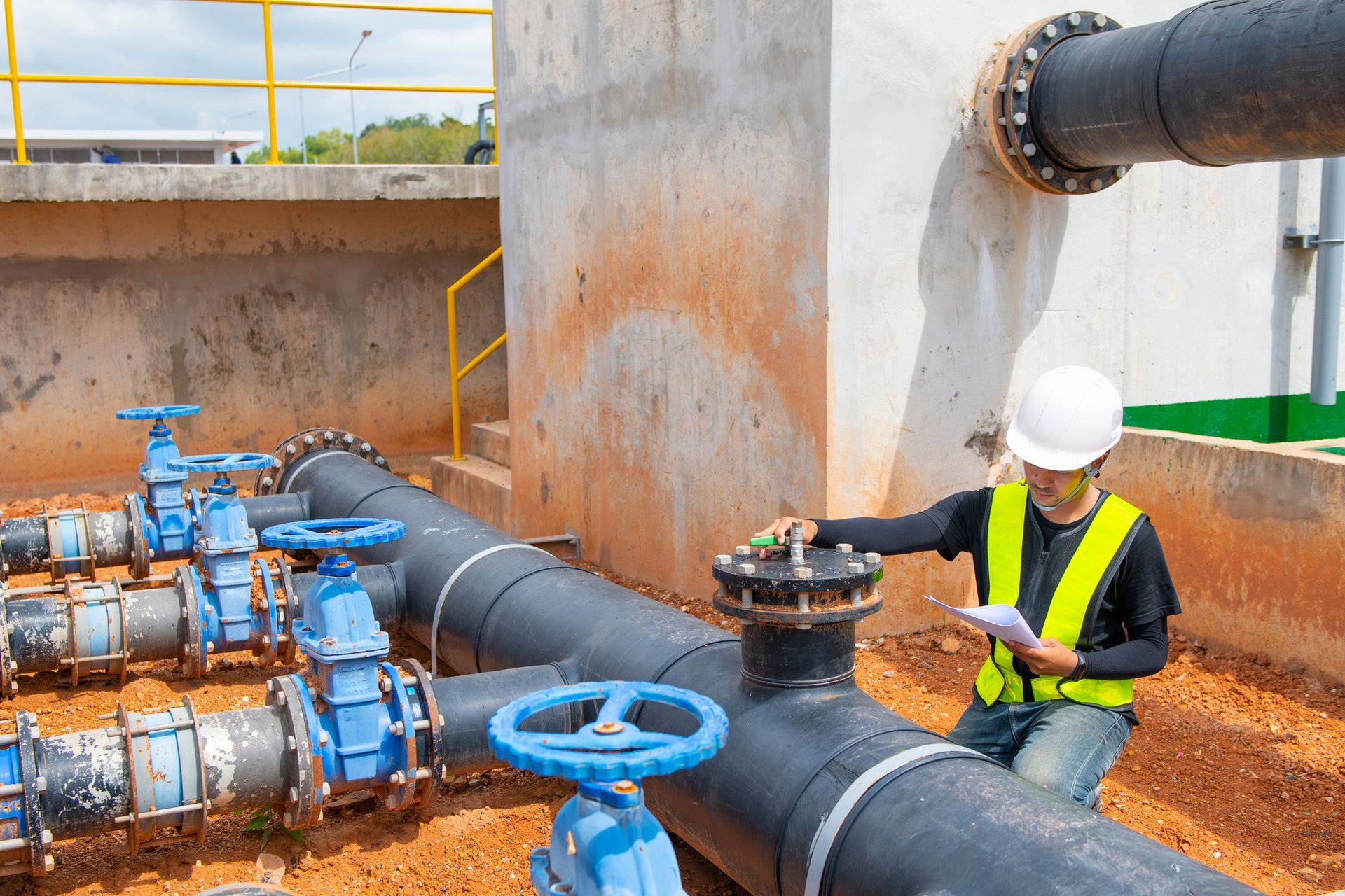 A man is kneeling down next to a pipe and looking at a clipboard.