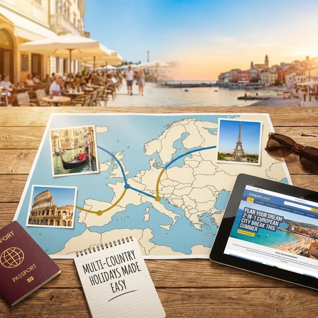 Map of Europe with travel photos, passport, tablet, and sunglasses on a wooden table, suggesting travel planning.