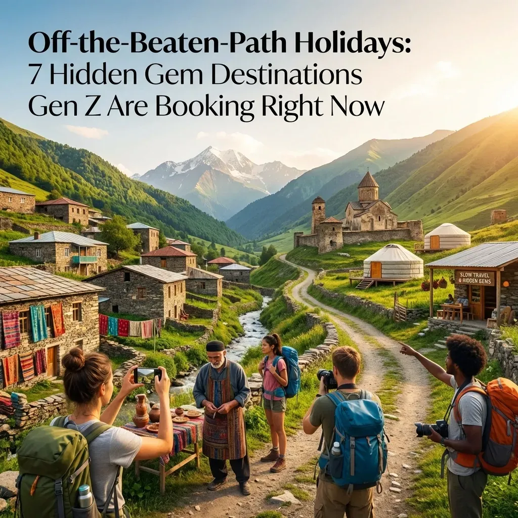 Travel advertisement: Group exploring a remote village in a valley with mountains. Text: 