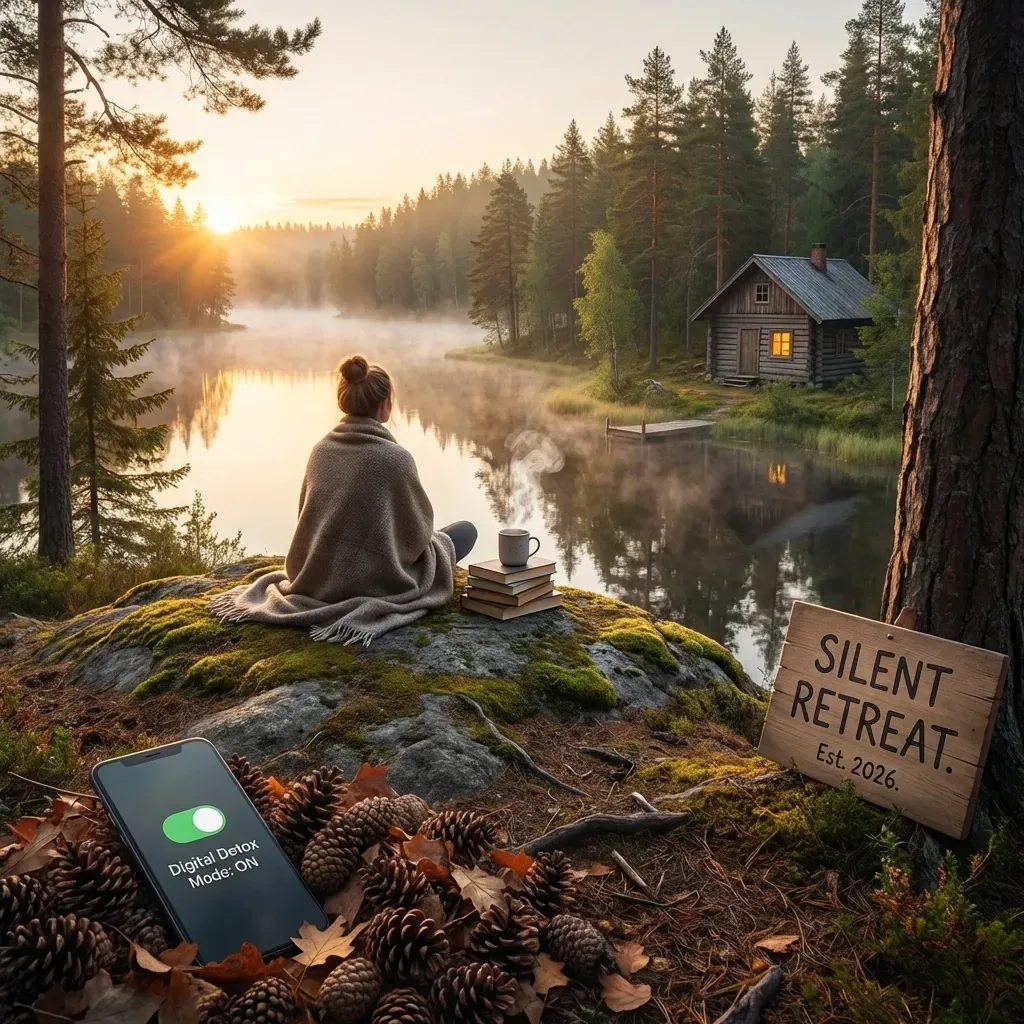 Woman in blanket at a lake retreat, surrounded by nature. Cabin, turned-off phone, pine cones, sign 