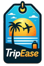 A trip ease logo with a palm tree and two airplanes