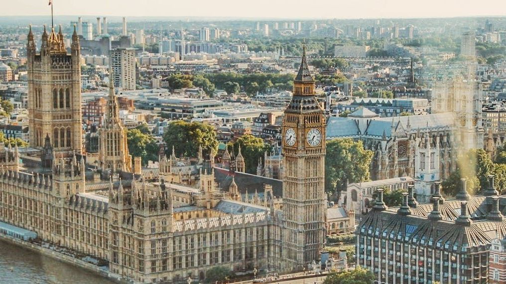 An aerial view of the houses of parliament and big ben in london.