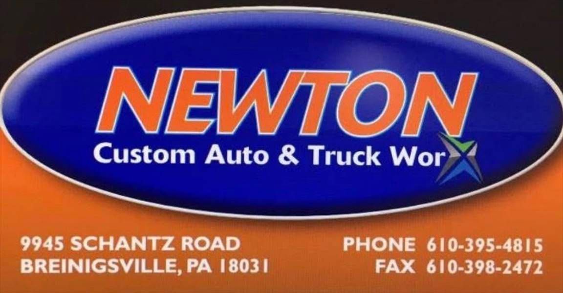 Newton Custom Auto & Truck Works logo: blue oval with orange text, address, phone & fax.