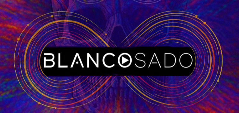 Logo for Blancosado, with text in white on a black rectangle, set against a psychedelic purple and orange background.