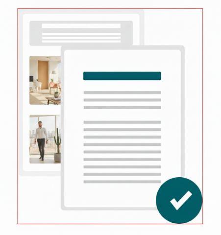 Documents with content, photos and a checkmark icon.