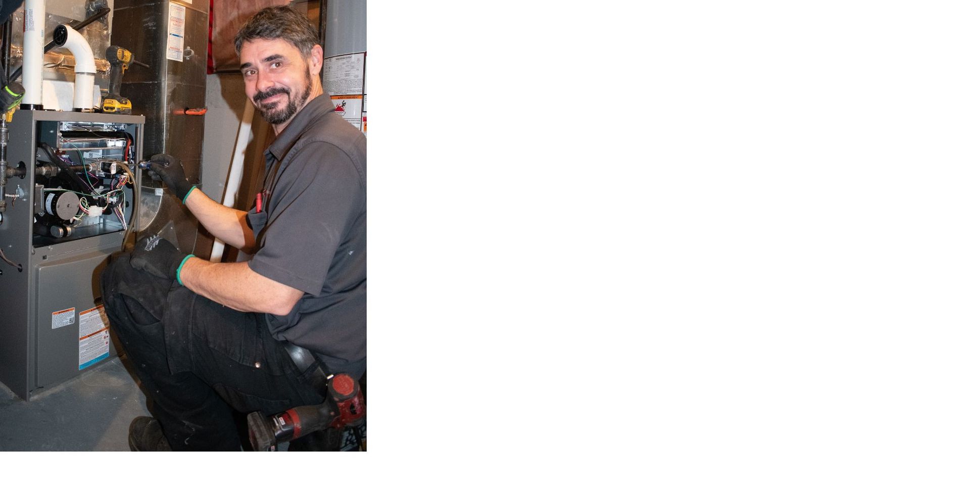 Advantage Airtech ClimateCare technician servicing a furnace in a Durham Region home to improve indoor air quality before spring allergy season