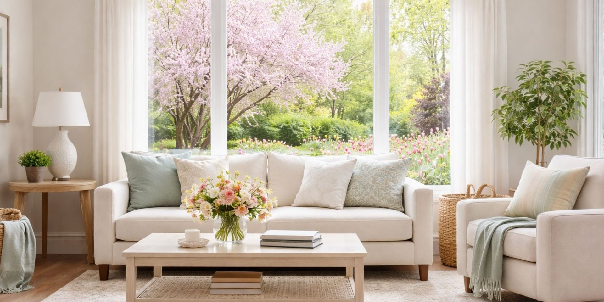 Bright spring living room with flowers visible through the window — indoor air quality matters during pollen season in Durham Region