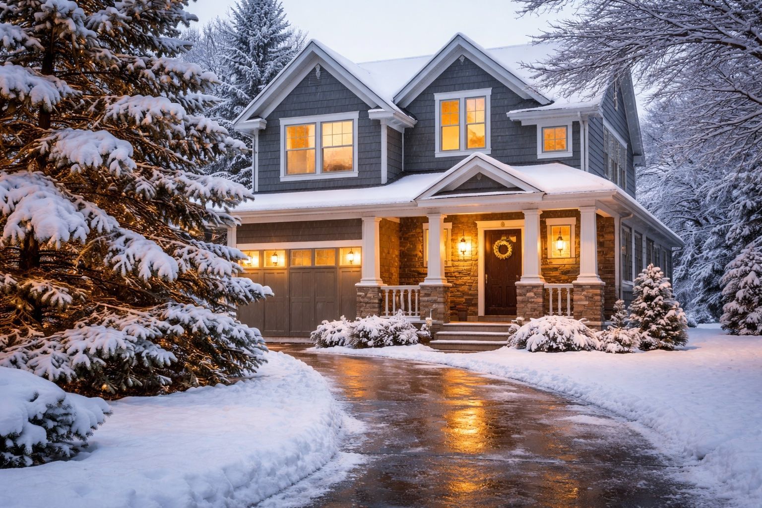 Winter house exterior with snow buildup around furnace vents after a snowstorm