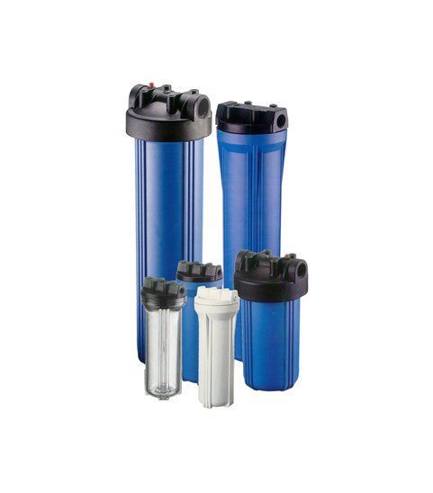 A group of blue and white water filter housings on a white background.
