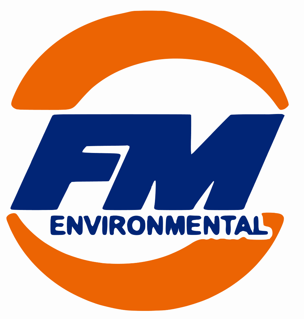 A blue and orange logo for fm environmental