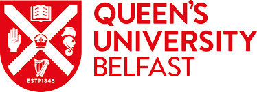 A red and white logo for queen 's university belfast
