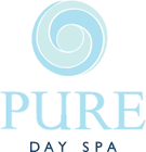 The logo for pure day spa has a blue swirl in the middle.