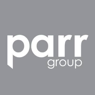 The parr group logo is white on a gray background.