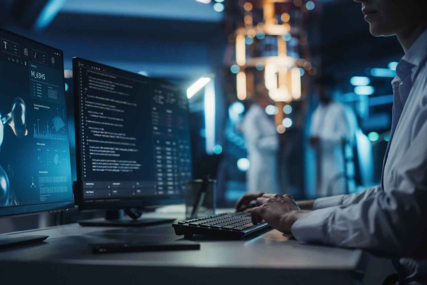 Person in lab coat types on keyboard in a tech lab with monitors displaying code and data; two people in lab coats in background.