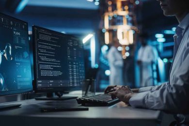 Person in lab coat types on keyboard in a tech lab with monitors displaying code and data; two people in lab coats in background.