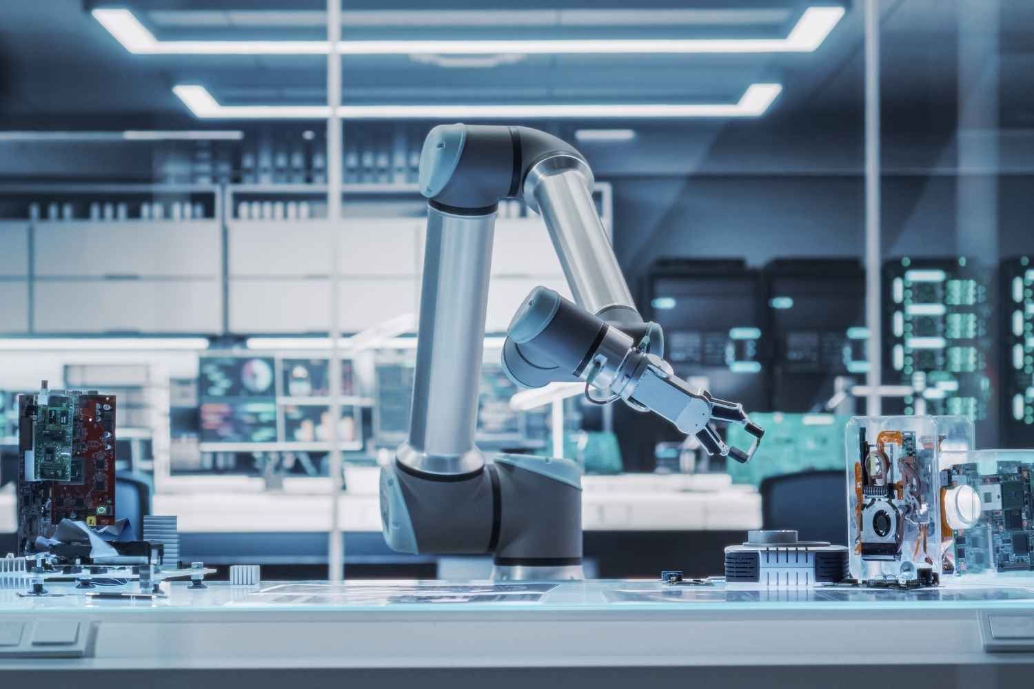 Robot arm working on circuit boards in a lab setting. Blue tones, electronic components, and a futuristic feel.