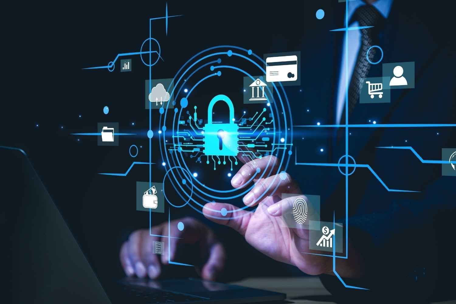 A person in a suit touching a glowing digital lock symbol, representing cybersecurity.