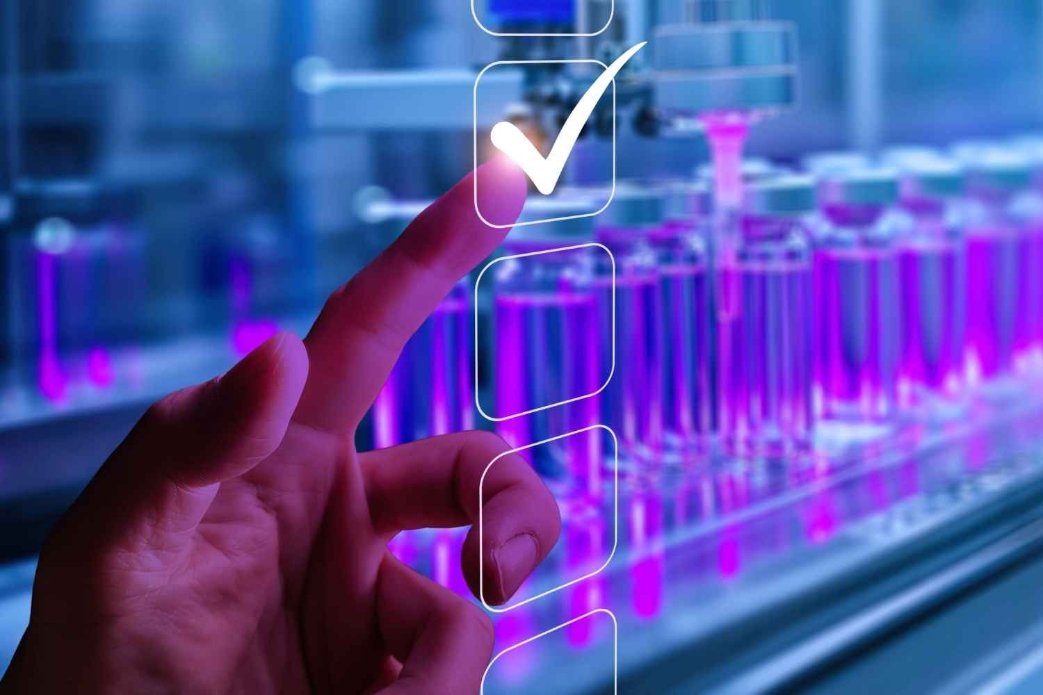 Person's finger selecting a checkmark on a glowing digital checklist with vials of purple liquid in the background.