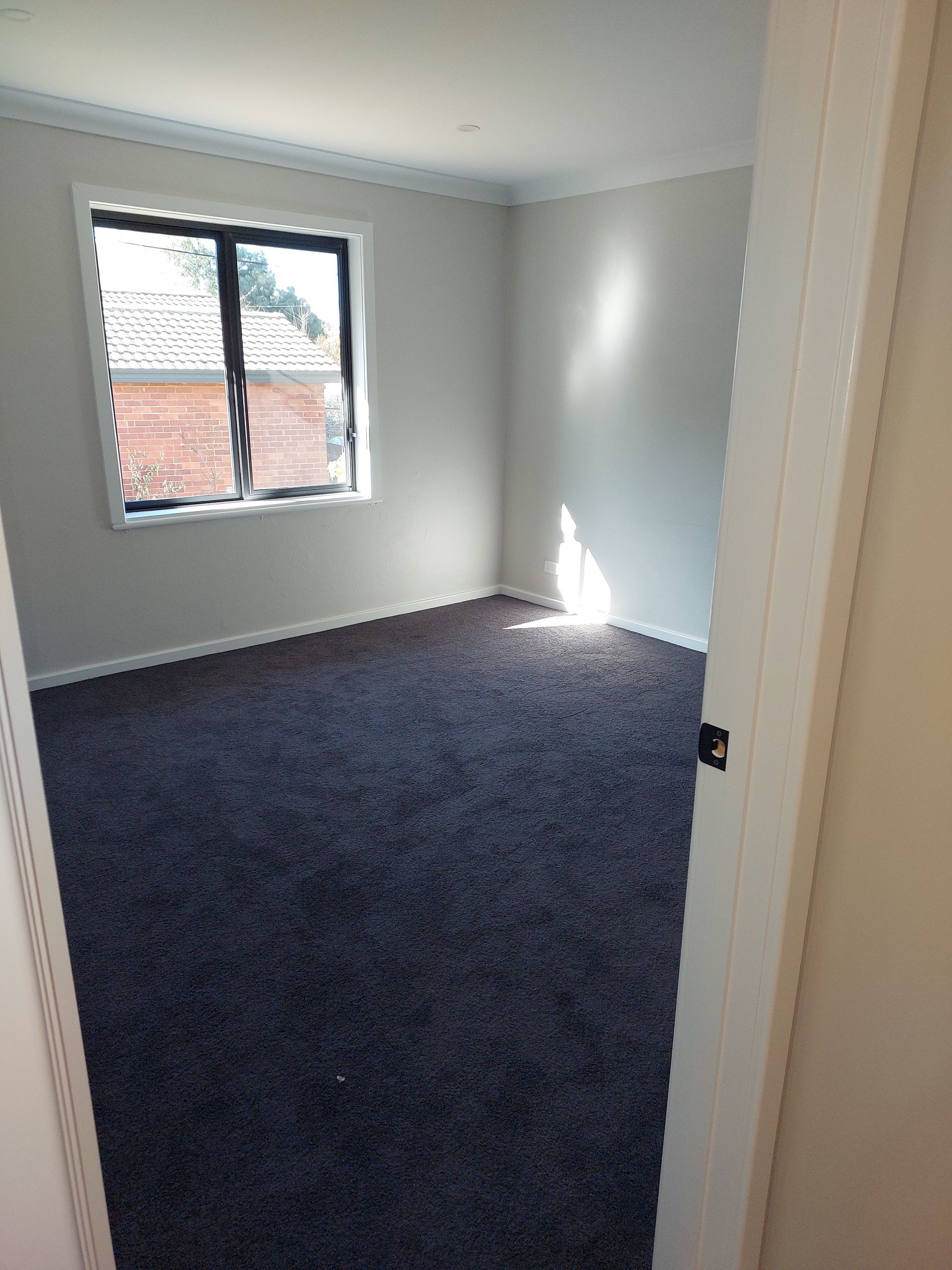 Empty Room With Blue Carpet, Window, and White Walls — Elimar Construction in Goulburn, NSW
