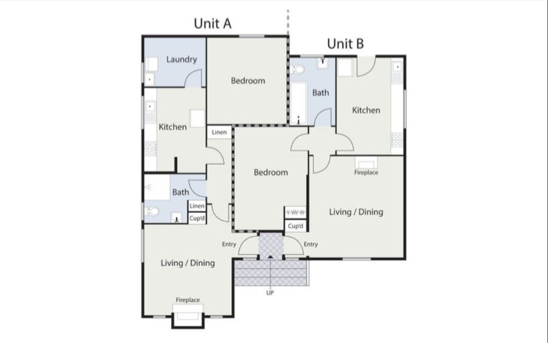 Floor Plan Layout of Two Side-by-side Units, Each With a Living Area, Bedrooms, Bathroom, Kitchen, and Laundry  — Elimar Construction in Goulburn, NSW