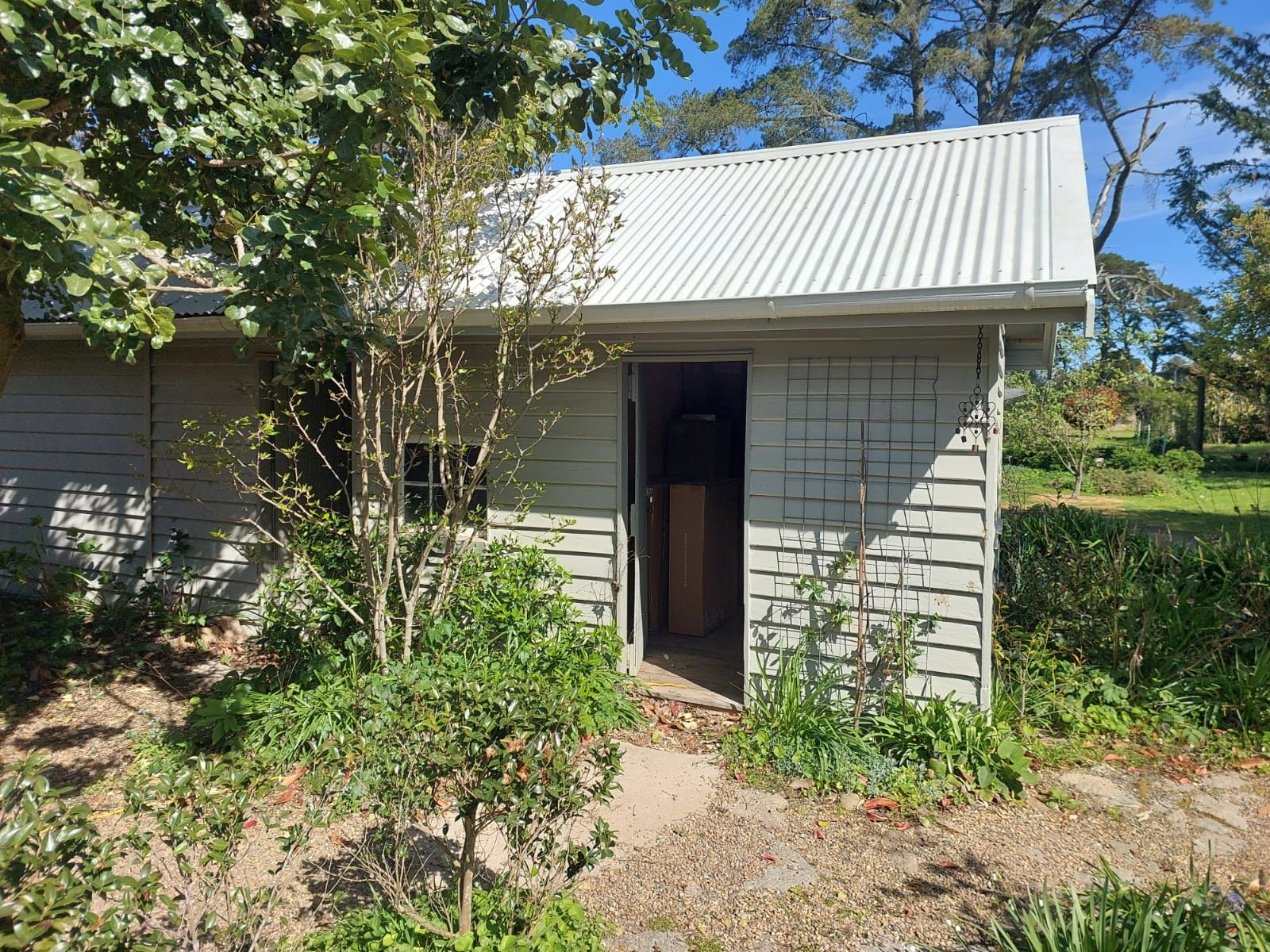 Small Gray Shed With an Open Door, Surrounded by Greenery — Elimar Construction in Goulburn, NSW