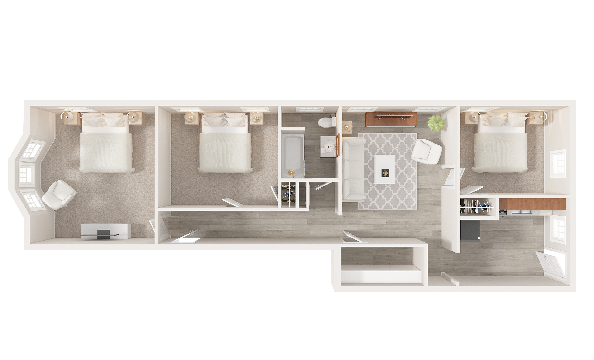 Floor plan of a three-bedroom apartment, with furniture layout.
