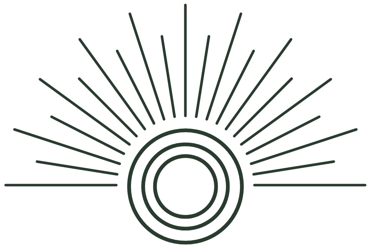 Rising sun with concentric circles and radiating lines.