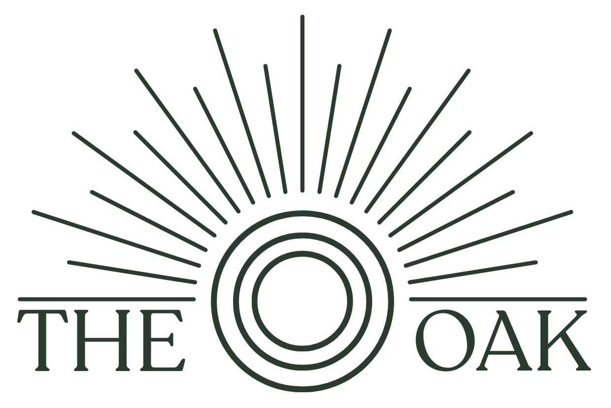 The Oak logo: concentric circles with radiating lines above, text 