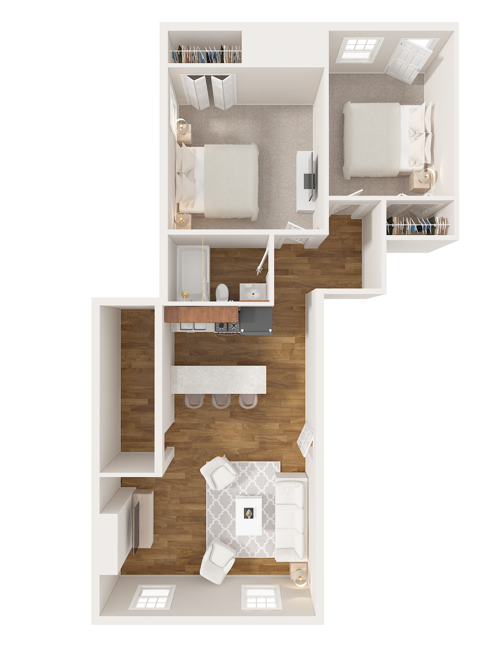Floor plan of a two-bedroom apartment with a living area, kitchen, and two bedrooms.