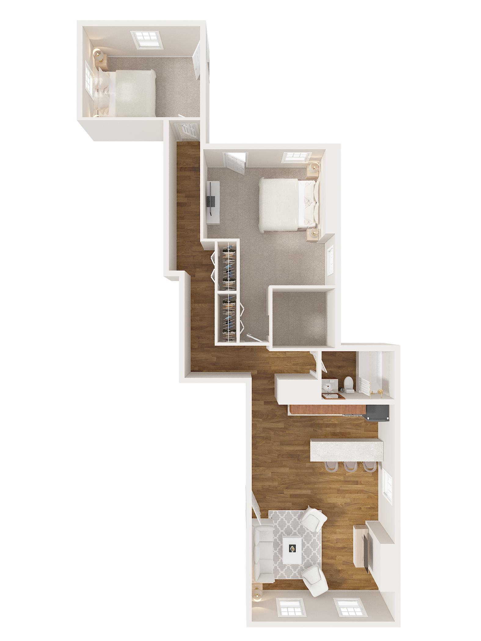 Floor plan of an apartment with two bedrooms, a bathroom, and living/kitchen area.
